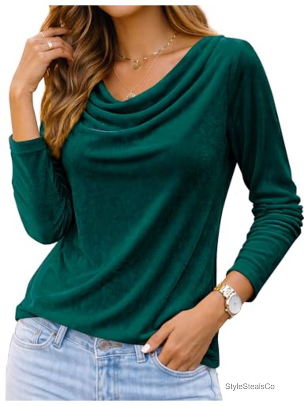 Velvet Cowl Neck Long Sleeve Blouse Elegant Dressy Holiday Party Top